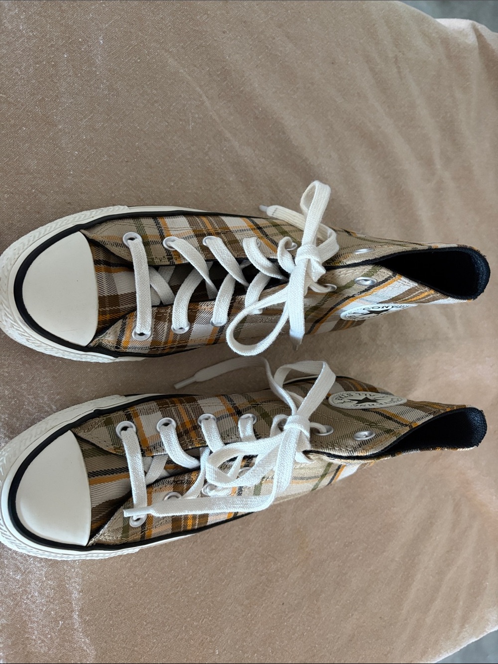 Converse Plaid High-Top Sneakers in Beige, Mustard & Black